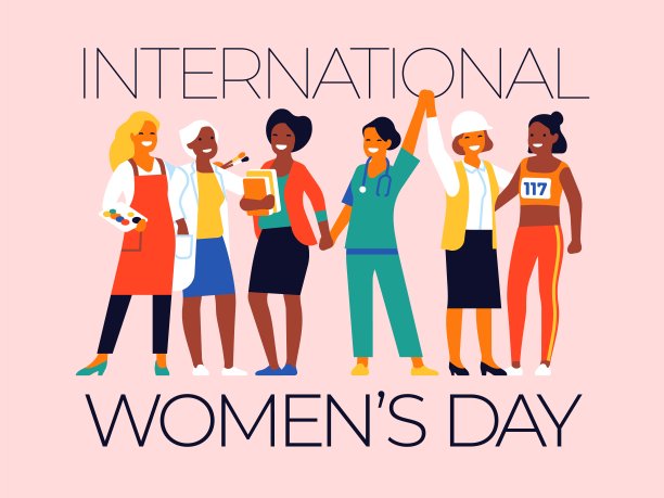 劳动妇女节海报。国际女性的节日。不同职业的人。卡通群朋友牵手。女孩的力量。快乐的人穿着工作服。向量的概念图片下载