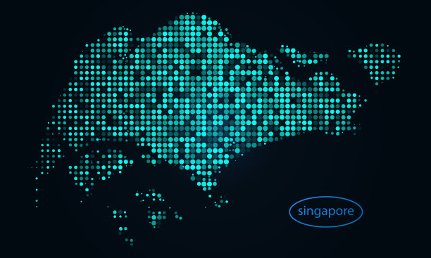 点半色调在黑暗的背景与新加坡地图。数字虚线技术，设计球体、点和结构。矢量图图片下载