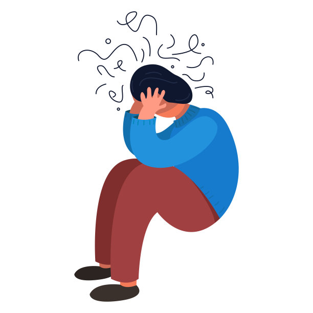 抑郁的年轻人坐在地板上，抱着膝盖，他们的头上有卡通涂鸦，心理健康问题。矢量插图。图片下载
