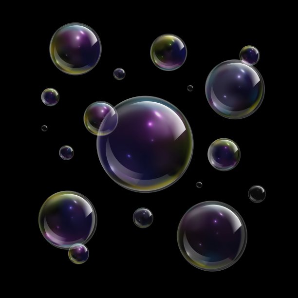 泡沫的肥皂。泡沫抽象泡沫洗发水背景，清晰的肥皂彩虹球，洗起泡闪亮的背景，泡沫纹理隔离在黑色。3 d透明物体。向量现实的设置图片下载