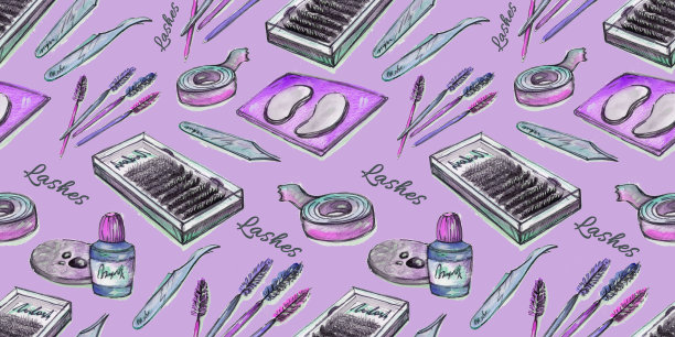 无缝图案数码纸纺织品包装。彩色水彩紫抽象睫毛延伸元素在粉红色的背景图片下载
