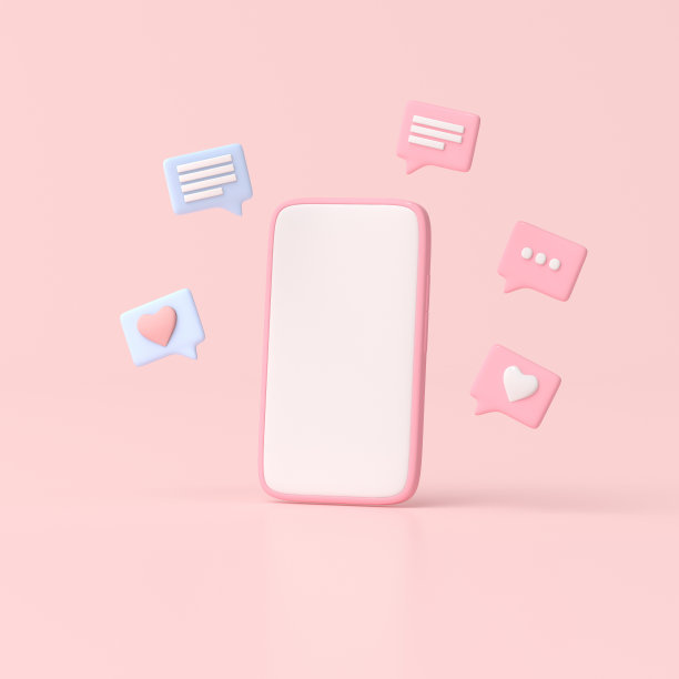 插图智能手机与对话气泡，爱的信息在粉彩背景，社交媒体聊天，3d渲染。图片下载