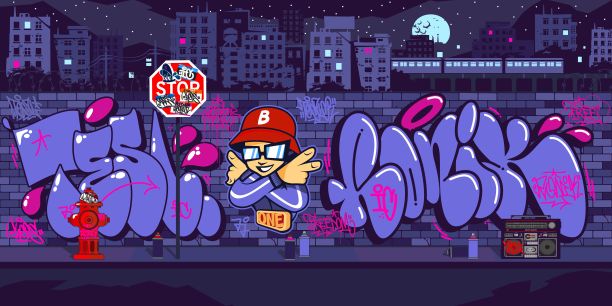 黑暗的城市涂鸦墙与城市景观矢量插图艺术的背景在夜间绘图图片下载