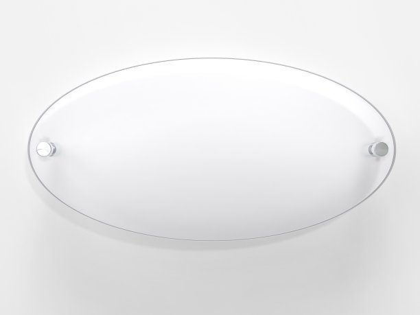 空白椭圆形透明玻璃办公企业标识模板模板，清晰的椭圆形印版品牌，标志。透明亚克力广告招牌模型正面视图。三维渲染图片下载