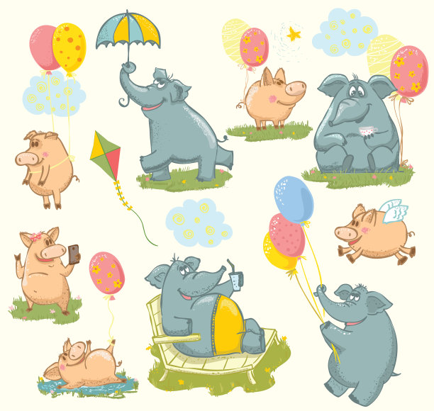 有彩色的大象和猪图片下载