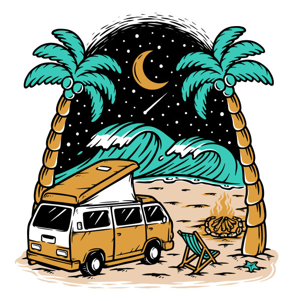 夜晚的露营车和海滩景色图片下载