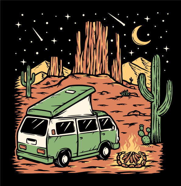 夜晚的露营车和沙漠景观图片下载