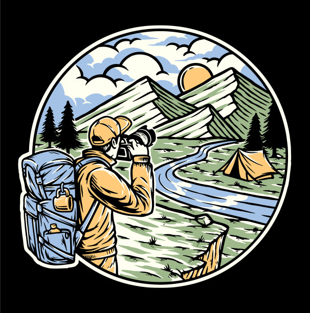 徒步旅行者拿着相机和山图片下载