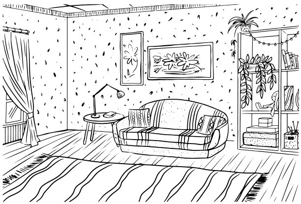 客厅内部有一张沙发和一张带灯的桌子图片下载