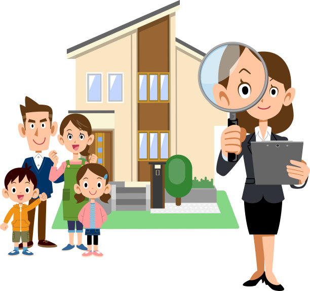一个家庭，一个穿着西装拿着文件通过放大镜看的女人，还有一所房子图片下载