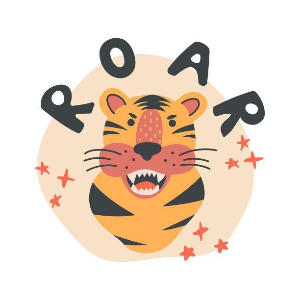 矢量插图咆哮的老虎与文字，孤立在白色的背景。可爱有趣的非洲动物给孩子，可以像贴纸，t恤印，海报图片下载