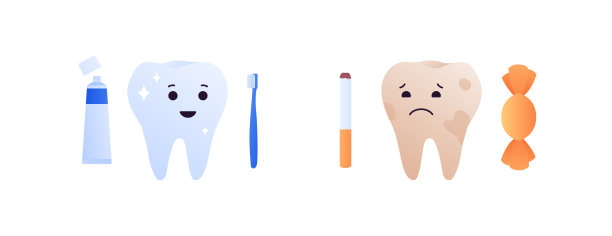 健康牙齿信息图的概念。矢量卡通保健插图。快乐和悲伤牙性格。烟，糖，笔刷符号孤立在白色背景上。为牙齿健康而设计。图片下载
