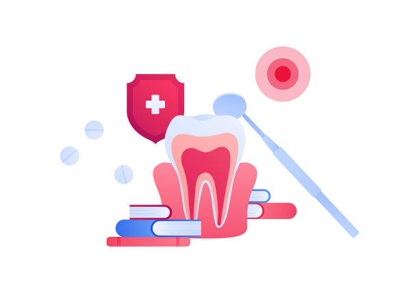 牙科诊所的概念。矢量光斑医疗插图。牙科镜工具，牙齿解剖，书和盾牌保护符号孤立在白色背景上。为口腔保健设计图片下载