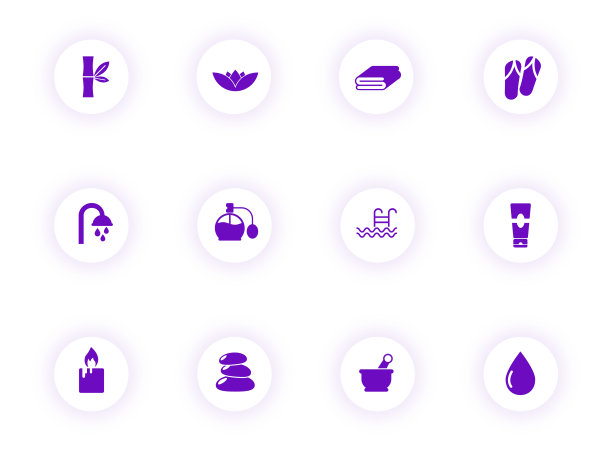 美丽和水疗紫色矢量图标上的圆形按钮与紫色阴影。美容和水疗图标设置的网页，移动应用程序，UI设计和打印图片下载