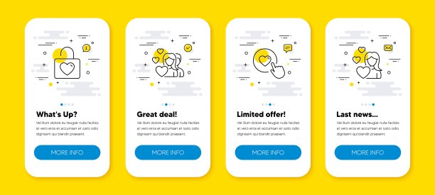 向量集合的婚礼储物柜，喜欢按钮和夫妇线图标设置。向量图片下载