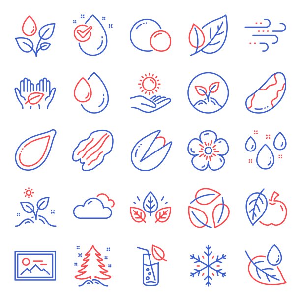 自然的图标集。包括图标作为风天气，南瓜籽，豌豆。向量图片下载