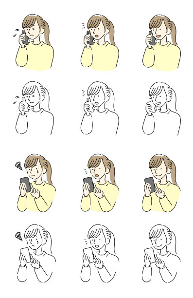 插图集的各种表情的女人操作智能手机。图片下载