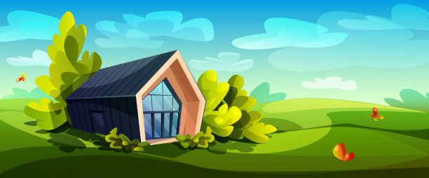 村子里的田野里有座乡间小屋。创意海报或横幅。卡通风格的图形矢量插图。图片下载