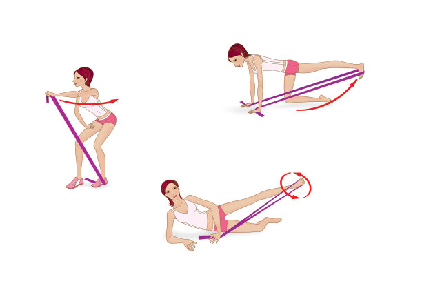 普拉提。女孩正在用橡皮筋做运动。腿部、手臂和臀部的肌肉。图片下载