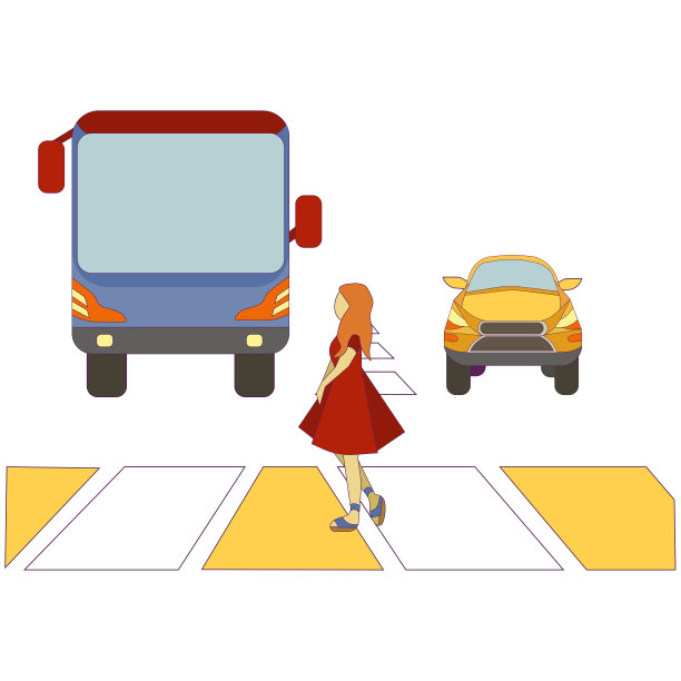 女性行人和公共交通和一辆汽车过马路的白色孤立背景，向量女性在十字路口，道路交通和城市生活的概念，行人和汽车。图片下载