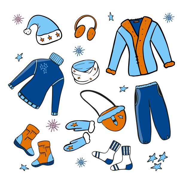 冬天的衣服手画在颜色为创造纺织设计，明信片，日历，相框。矢量插图。图片下载