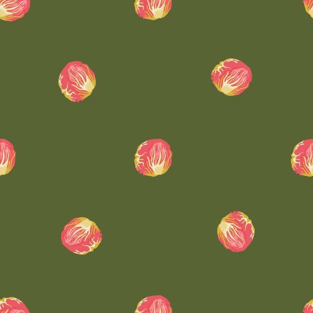 绿色背景上的无缝图案菊苣沙拉。极简主义装饰与粉红色的莴苣。图片下载