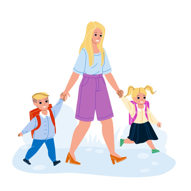 男孩和女孩和妈妈一起上学图片下载