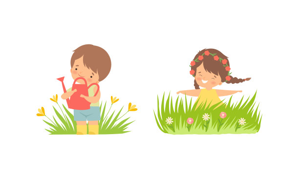 可爱的小男孩和女孩在绿色草地上行走与盛开的花朵向量集图片下载