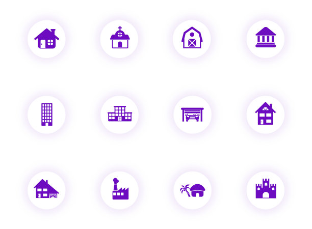 建筑紫色矢量图标上的圆形按钮带有紫色阴影。建筑图标设置为网页，移动应用程序，UI设计和打印图片下载