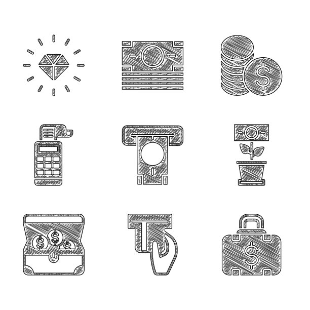 设置自动取款机和货币信用卡插入公事包图片下载