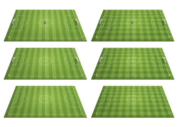 一套浅绿色的足球场。条纹草坪和方格草坪。图片下载