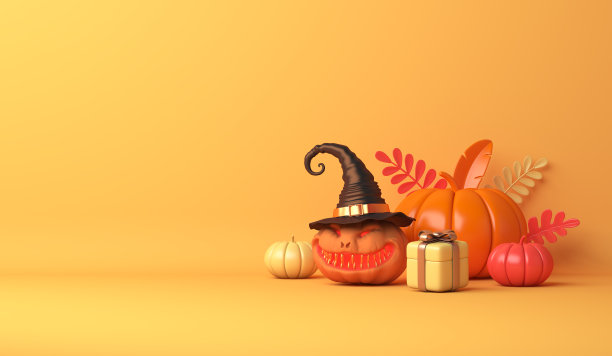 Happy Halloween with cartoon pumpkin,gift box on orange background, copy space text, 3D渲染插图。图片下载