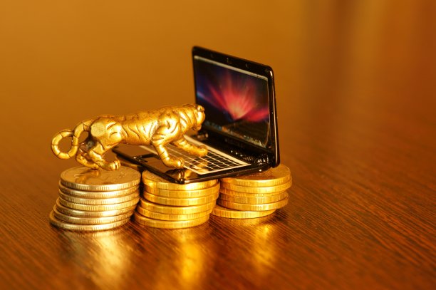 一只带硬币的金属老虎，桌上还有一台笔记本电脑。图片下载