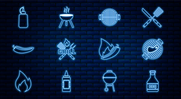 设置行番茄酱瓶烧烤架与牛排图片下载