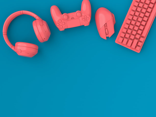 鼠标、键盘、操纵杆和耳机等游戏装备的俯视图为白色图片下载