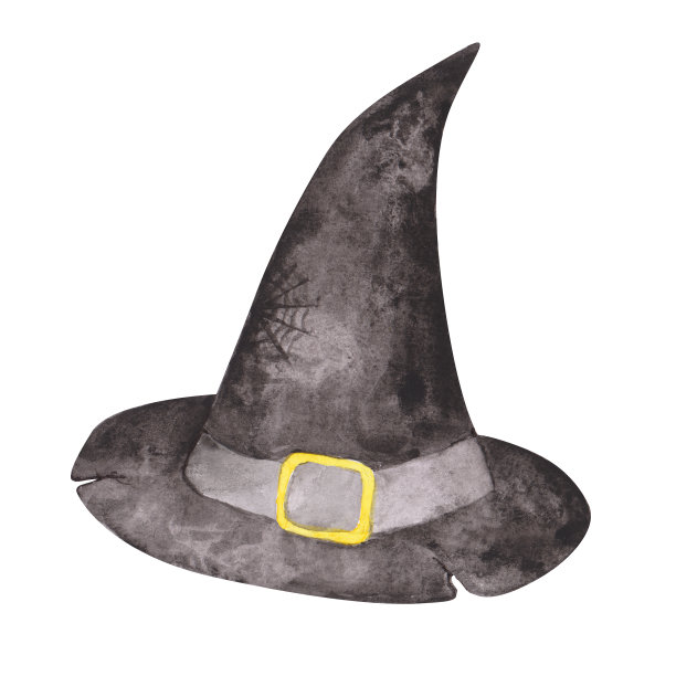女巫帽被隔离在白色的背景上。黑色水彩万圣节配件插图。剪纸艺术手绘的帽子。带腰带的头饰。万圣节的对象。假期的帽子。方服装形象。图片下载