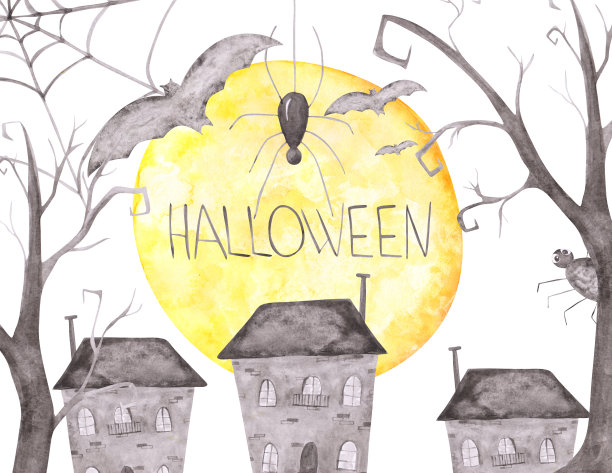 万圣节的名片。水彩蜘蛛网，蝙蝠，满月，光秃秃的树，废弃的房子，蜘蛛，白色背景上的万圣节标志。万圣节派对邀请横幅。图片下载