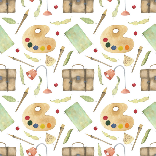 无缝模式与艺术家的工具:调色板，刷子，纸，台灯和袋子。背景和墙纸邀请，卡片，织物，包装，纺织品，海报。水彩插图。图片下载