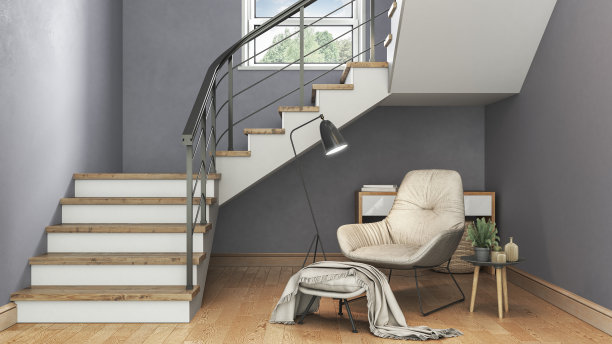 3D渲染楼梯在现代室内与木地板和蓝色墙壁。三维演示图片下载