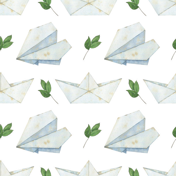 无缝图案与纸飞机和纸船。背景和墙纸邀请，卡片，织物，包装，纺织品，海报。水彩插图。图片下载