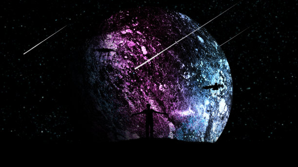 一个男人在夜晚的户外，双手分开，高举在天空的背景下，布满了宇宙飞船和一个美丽的发光的行星。图片下载