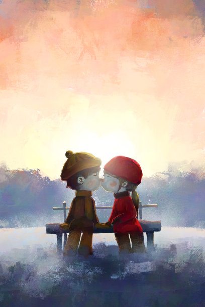 数码艺术绘画套年轻夫妇接吻在冬天的日子。图片下载