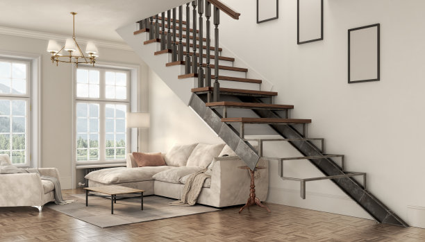 3D渲染拆卸楼梯与工具在现代室内的细节。三维演示图片下载