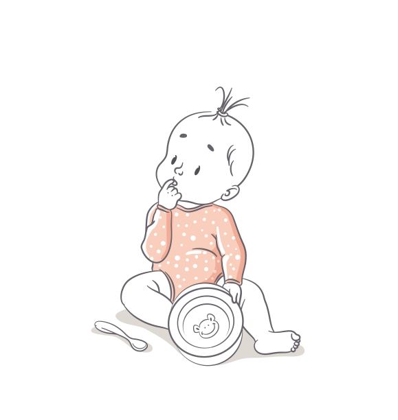 可爱的小女孩坐在地板上，手里拿着空盘子，看上去若有所思。图片下载