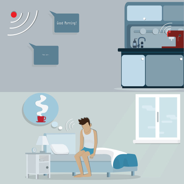 平的物联网技术，青年点菜的ai为准备咖啡向量图片下载