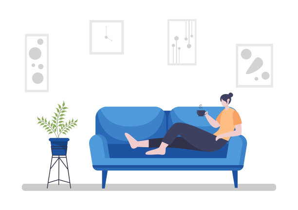 在家里放松矢量平面插图与人坐在沙发上，听音乐，玩智能手机或电脑，喝茶，读书，睡觉图片下载