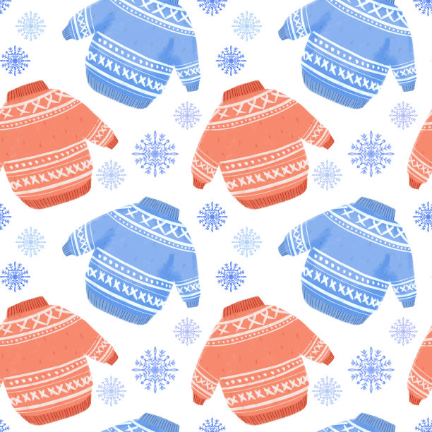 无缝图案插图可爱的蓝色和红色毛衣与雪花在白色的背景图片下载