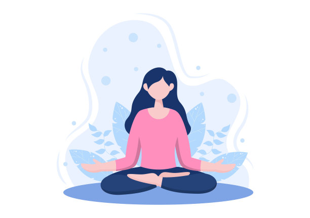 放松或瑜伽与交叉的腿，闭上眼睛冥想和听音乐在家里的平面卡通矢量插图图片下载