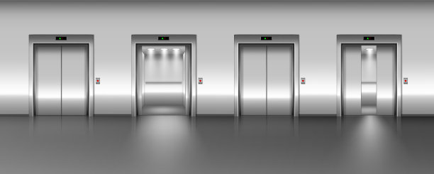 现代乘客电梯，有闭式、开式和半闭式电梯，金属舱门。钢制电梯在现代简约的室内。图片下载