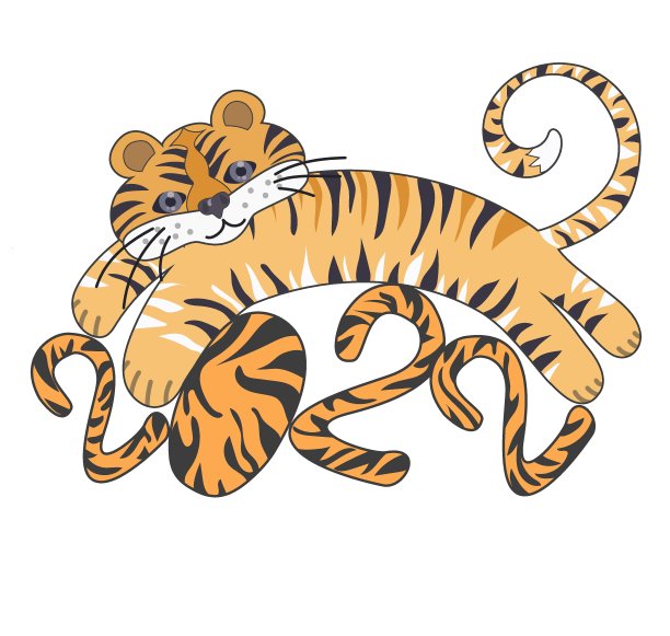 卡通版2022新年快乐模板。2022被描绘成一只老虎，上面有一只可爱的老虎。设计旗帜，贺卡，小册子或印刷。图片下载